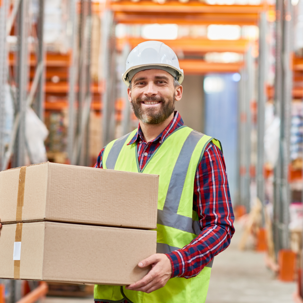 a nova flex led warehouse worker smiling and holding boxes